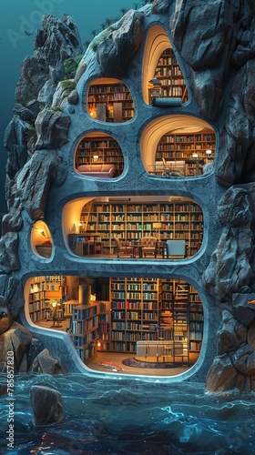 Isometric crosssection of a submarine library, books and ocean views, unique and isolated photo