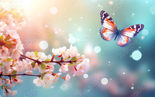 Butterfly on the background of spring flowers. Spring background.