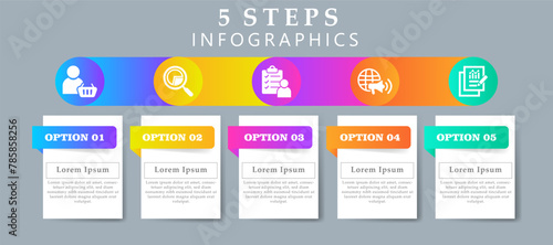 Steps infographics design layout template including icons of client, research, survey, marketing and result.  Creative presentation with 5 options concept.