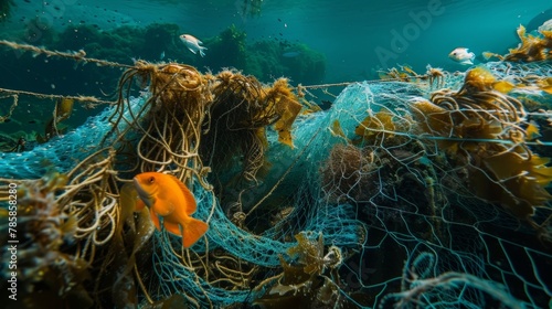 An underwater landscape filled with tangled fishing nets lost from careless disposal and posing a deadly threat to already dwindling populations of aquatic creatures affected by biofuel . photo
