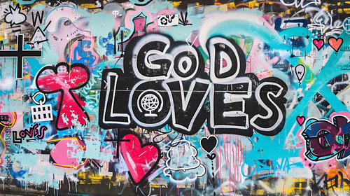 Spray painted graffiti wall font words GOD Loves graf paint artist tag rainbow colorful cross heart suburb city street art mural forgives faith jesus religion church quote background painting 