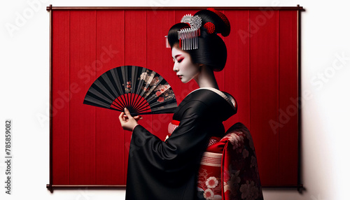 A beautiful geisha dressed in a black kimono, holding a hand fan, set against a vibrant red cloth background
