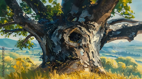 tree hollow one giant oak heavy gesture closeup designer paintings shading techniques sunlit landscape shire acorns entertainment