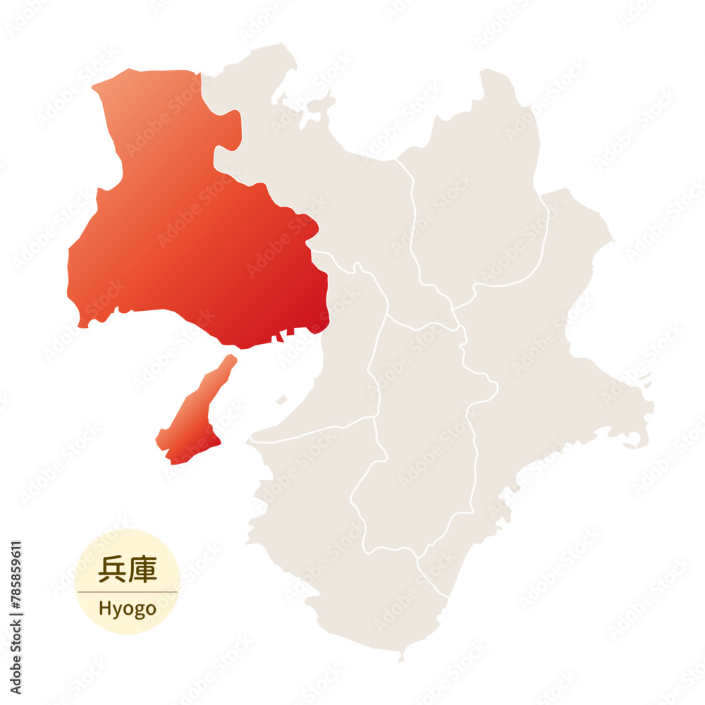 Obraz premium 兵庫県の明るく美しい地図、近畿地方の中の兵庫県