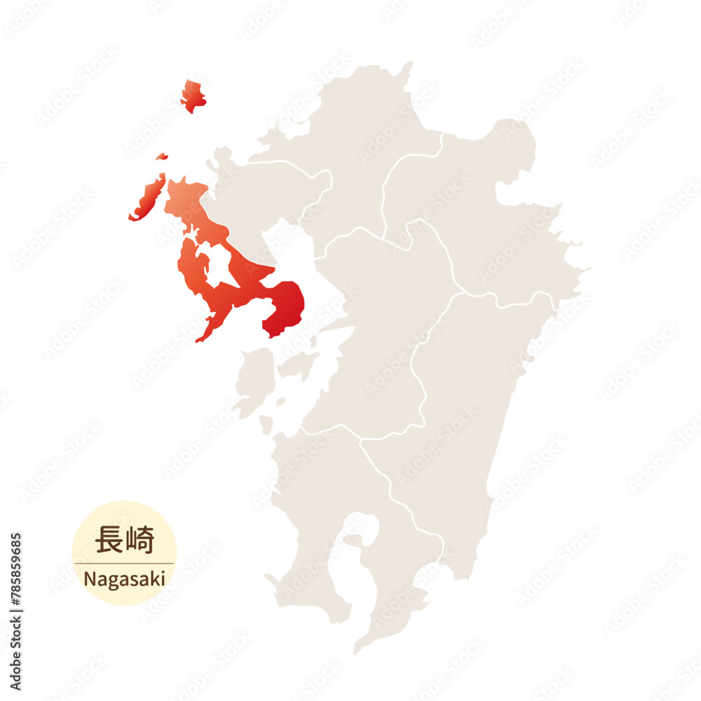 長崎県の明るく美しい地図、九州地方の中の長崎県主要部