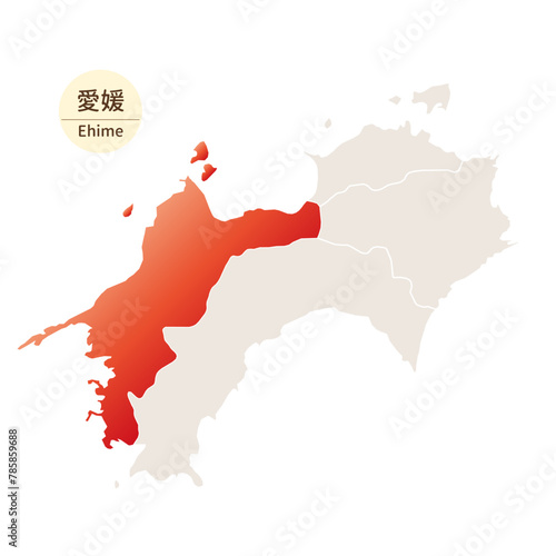 愛媛県の明るく美しい地図、四国地方の中の愛媛県