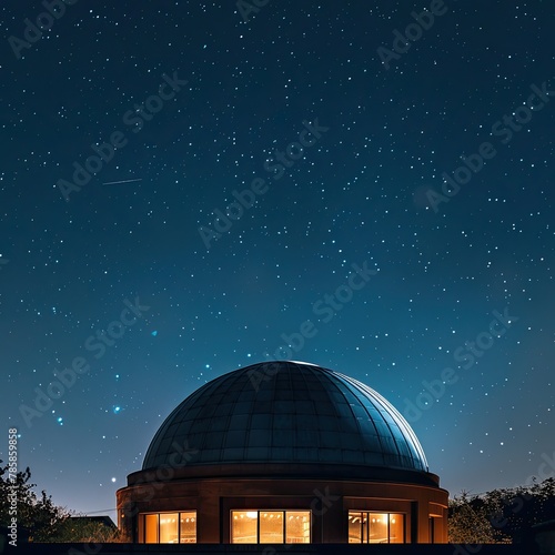 The night sky is full of stars. There is an observatory with a large dome. photo