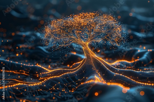 AI's binary tree illuminated, data points as leaves, digital life