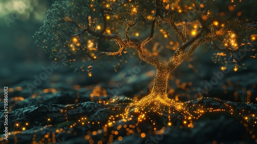 AI dendrology, binary tree mapping, glowing data fruits