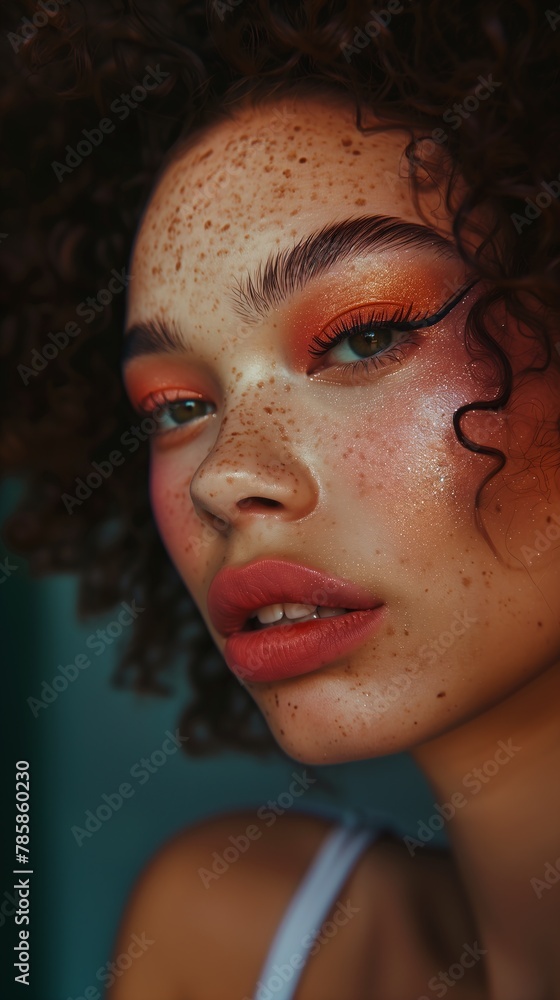 closeup woman freckles bright orange eye makeup princess glowing peach face summer palette parted lips stunning vibrantly colored interest closeup woman freckles bright orange eye makeup princess glowing peach face summer palette parted lips stunning vibrantly colored interest