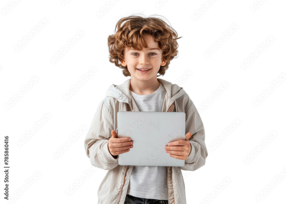 Smiling Child with Tablet on Transparent Background Smiling Child with Tablet on Transparent Background