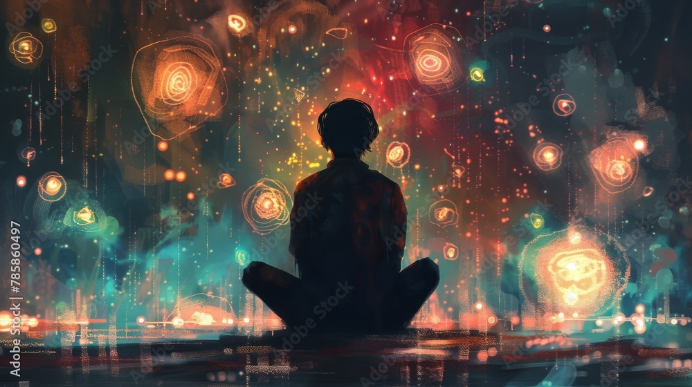 Psychic Vision: Person Surrounded by Glowing Symbols and Lights Psychic Vision: Person Surrounded by Glowing Symbols and Lights