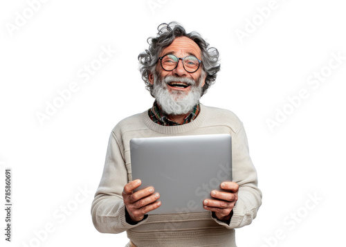 Elderly Man Smiling with Tablet photo