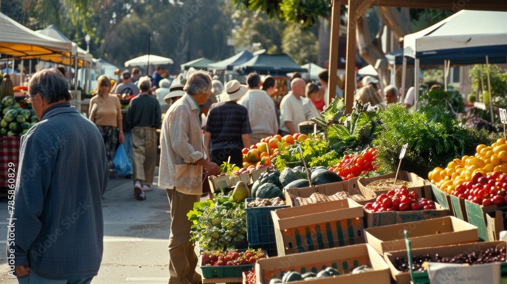 At the entrance of a charming farmers market a friendly vendor greets customers with a smile as they browse the colorful displays of fruits and vegetables. Boxes of ripe strawberries .