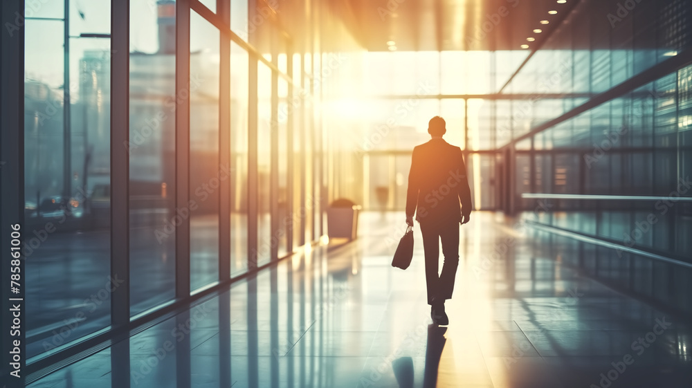 Fototapeta premium Silhouette of a businessman carrying a briefcase, walking through a glass-walled corridor with sunlight streaming in. 