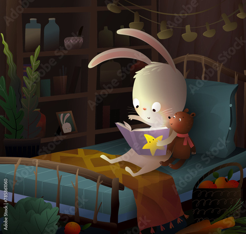Cute bunny or rabbit read fairy tale book before sleep with his teddy bear in bed. Animal toys characters in kids bedroom interior at night. Vector illustrated magical scene for children story book © Popmarleo