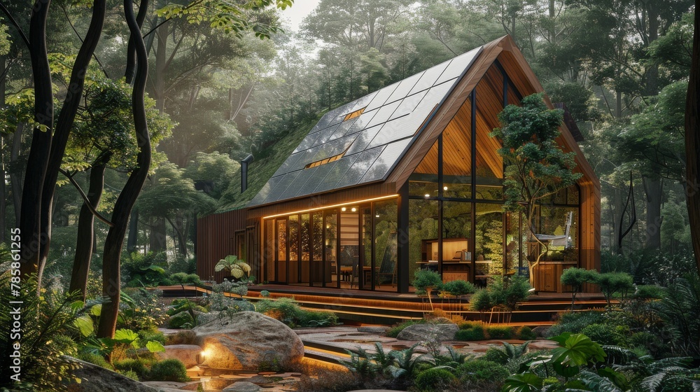 A rustic cabin in the woods with a large window and a fireplace A rustic cabin in the woods with a large window and a fireplace