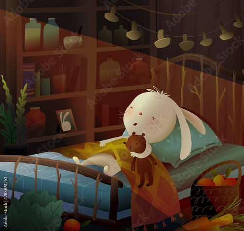 Bunny or rabbit sleeping with his teddy bear in bed inside his house. Sleepy animal toys characters in kids bedroom interior at night. Vector illustrated magical scene for children story or fairy tale © Popmarleo