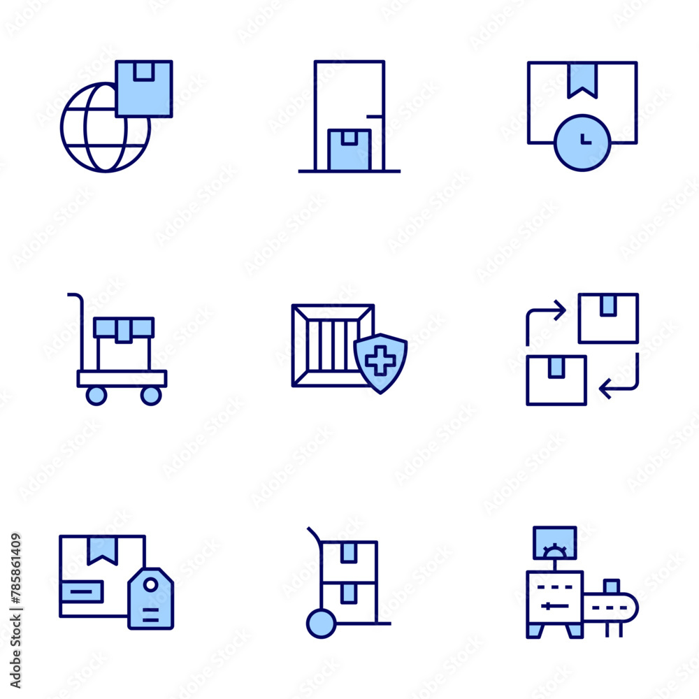 Logistics icon set. Duo tone icon collection. Editable stroke, renewable, worldwide shipping, protection, trolley cart, home delivery, delivery time, conveyor, delivery box, trolley.
