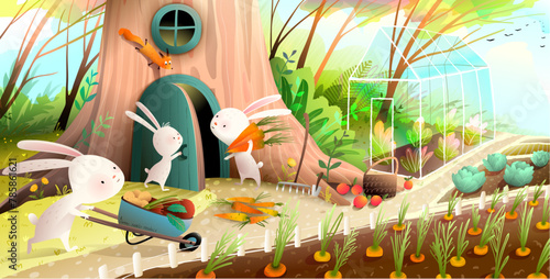 Rabbit or bunny family garden, horticulture and vegetable produce, forest fairytale for children. Animals working at forest farm. Vector illustrated book spread for kids story about rabbits. © Popmarleo