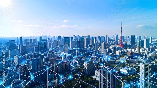 smart city with digital connections and urban development, symbolizing the integration of technology in sustainable living and business operations.  photo