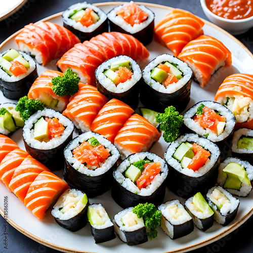 A colorful array of sushi rolls on a plate 