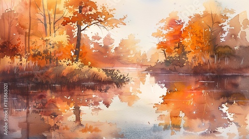 Soft watercolor washes blending the rich hues of autumn sunsets, evoking the end of warm days. 