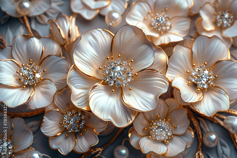 3D mother of pearl and gold flowers with diamonds. Created with Ai