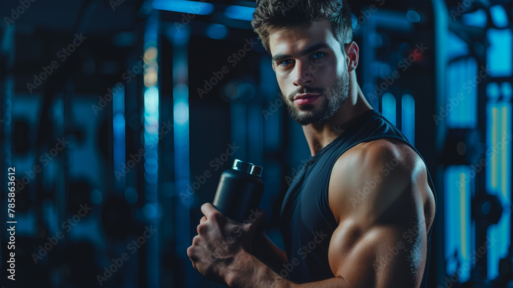 Muscular Man Staring at Camera Holding a Shaker Bottle Muscular Man Staring at Camera Holding a Shaker Bottle