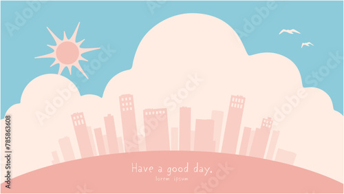 Cute pale gentle colors cityscape background image. Vector illustration of city landscape with sunny sky.