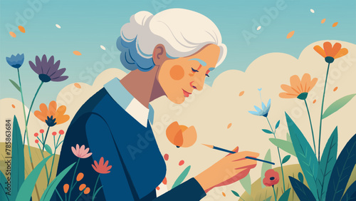 An aged woman surrounded by the fragrant scent of wildflowers paints with a steady hand and a thoughtful gaze capturing the everchanging colors