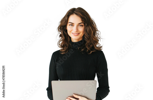 Confident Woman with Laptop on Clear Background