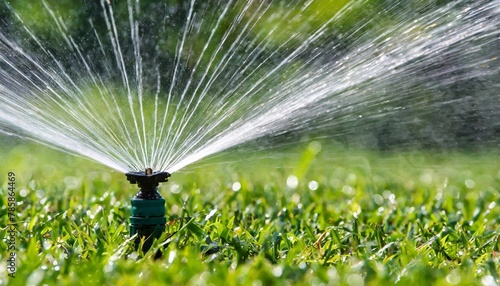 A sprinkler irrigates a lush green lawn with water