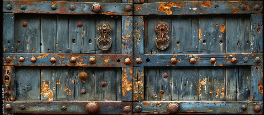 Weathered wooden door up close showing signs of rust and a worn metal knob handle Weathered wooden door up close showing signs of rust and a worn metal knob handle