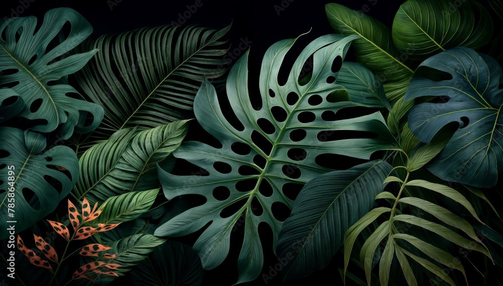 Tropical background with monstera leaves on black background. illustration. - obrazy, fototapety, plakaty 