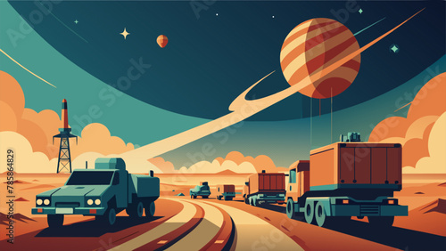 The sound of heavy machinery echoes through the vast emptiness of space as a convoy of vehicles transports valuable resources back to Earth. photo