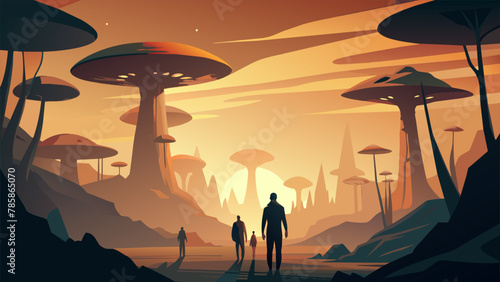 An eerie almost alien landscape composed entirely of towering glowing mushrooms and fungal growth. Shapes of vaguely humanoid creatures can be