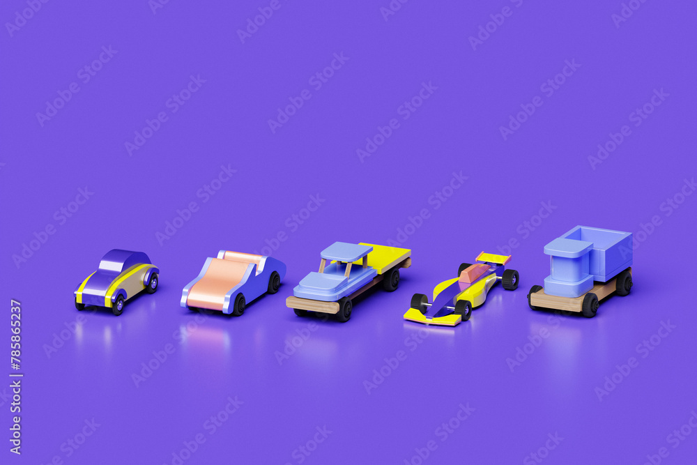 Obraz premium 3d illustration of cute kids model cars, convertibles, pickups, truck cranes, firemen, dump trucks on a purple background. Illustration of patterns in cartoon style