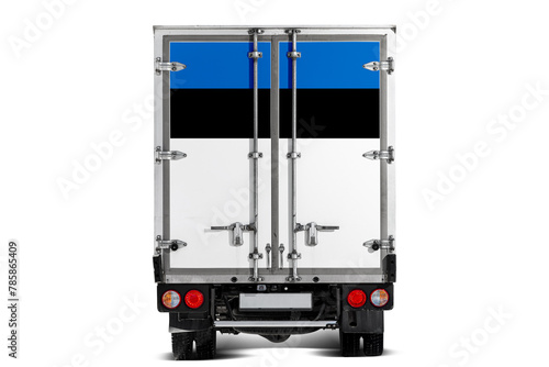 A truck with the national flag of  Estonia  depicted on the tailgate drives against a white background. Concept of export-import, transportation, national delivery of goods