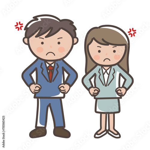 仁王立ちで怒る男女ビジネスマンの全身イラスト