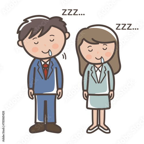 立ったまま居眠りをする男女ビジネスマンの全身イラスト
