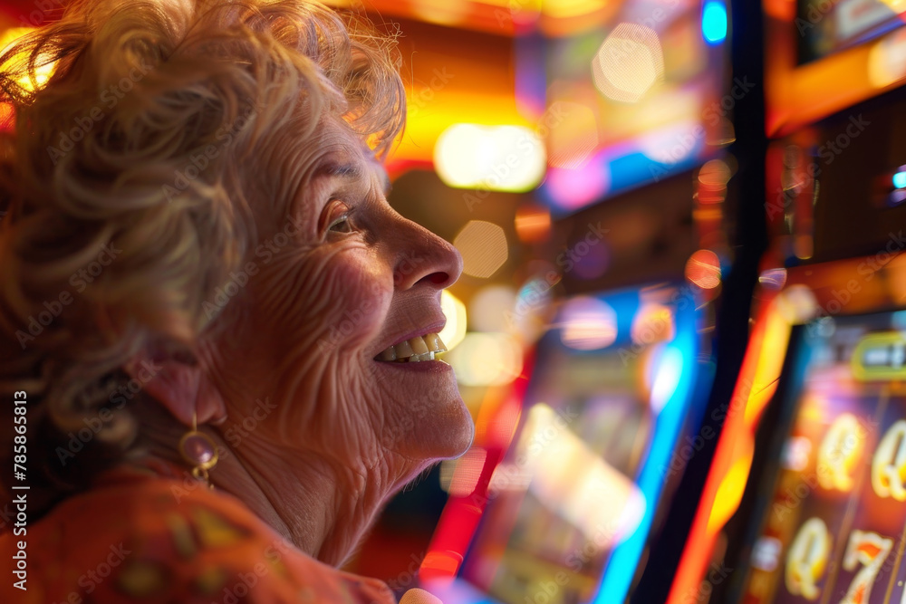 Fototapeta premium A close-up of a joyful senior citizen at a casino, her face lit up with the thrill of the game as she plays at the slot machines.