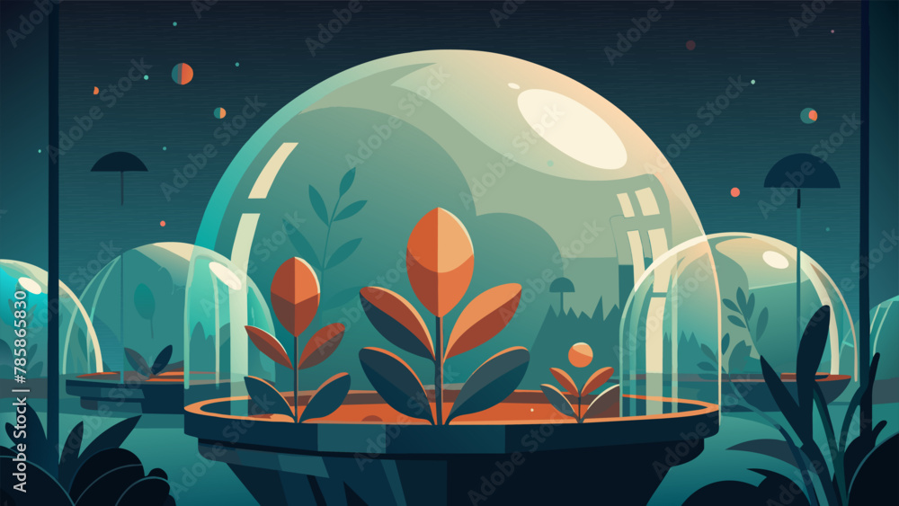 A garden of glass domes houses a menagerie of intergalactic plant life their glossy leaves and delicate tendrils dancing in the artificial - obrazy, fototapety, plakaty 