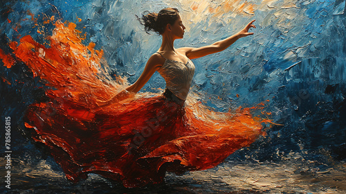 Contemporary Oil Painting of A Pretty Women Ballerina Ballerina Dancer in Orange Ballet Dress With Blue and Yellow Brush Strokes photo