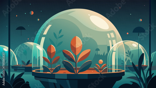 A garden of glass domes houses a menagerie of intergalactic plant life their glossy leaves and delicate tendrils dancing in the artificial