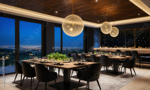 a modern and stylish indoor dining area with a starry night sky effect on the ceiling, Include black premium wooden tables and chair, and various lighting fixtures casting a warm glow