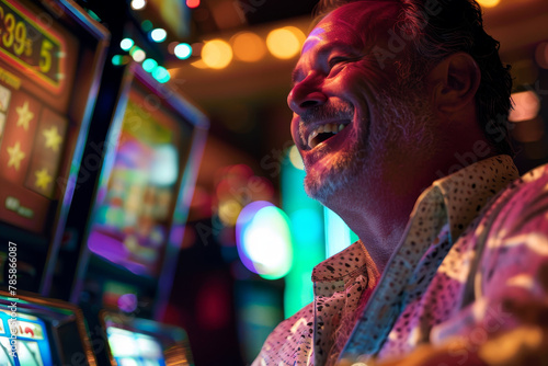A close-up of a handsome middle-aged man at a casino, his face glowing with excitement as he watches the spinning reels of a slot machine. 