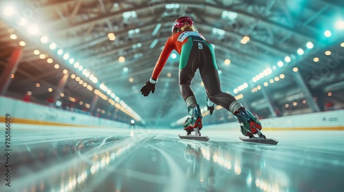 Short Track athlete slide in professional ice arena photo
