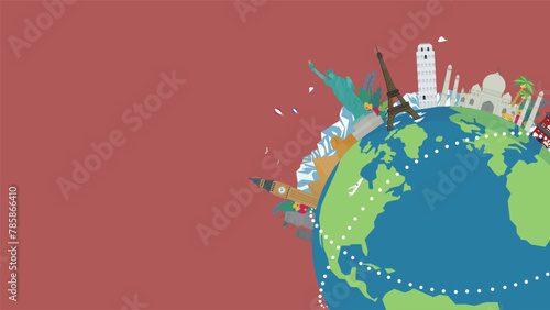 世界遺産と地球で飾られた旅行の広告背景テンプレート（赤）　Travel ad background template decorated with world heritage sites and earth (red)