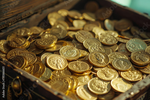 A large pile of gold coins are sitting in a wooden box